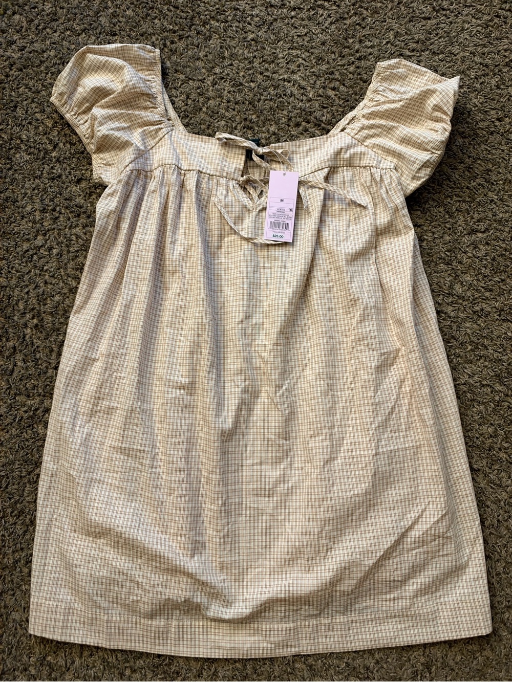 Tan Plaid Short Puff Sleeve Trapeze Mini Dress